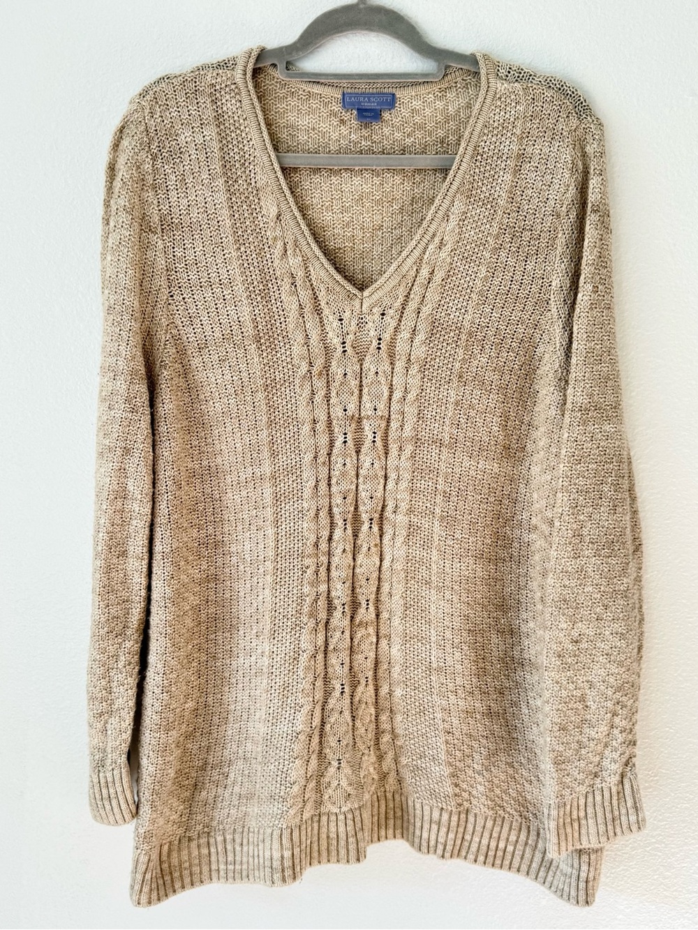 Laura Scott Beige Cable Knit V-Neck Sweater